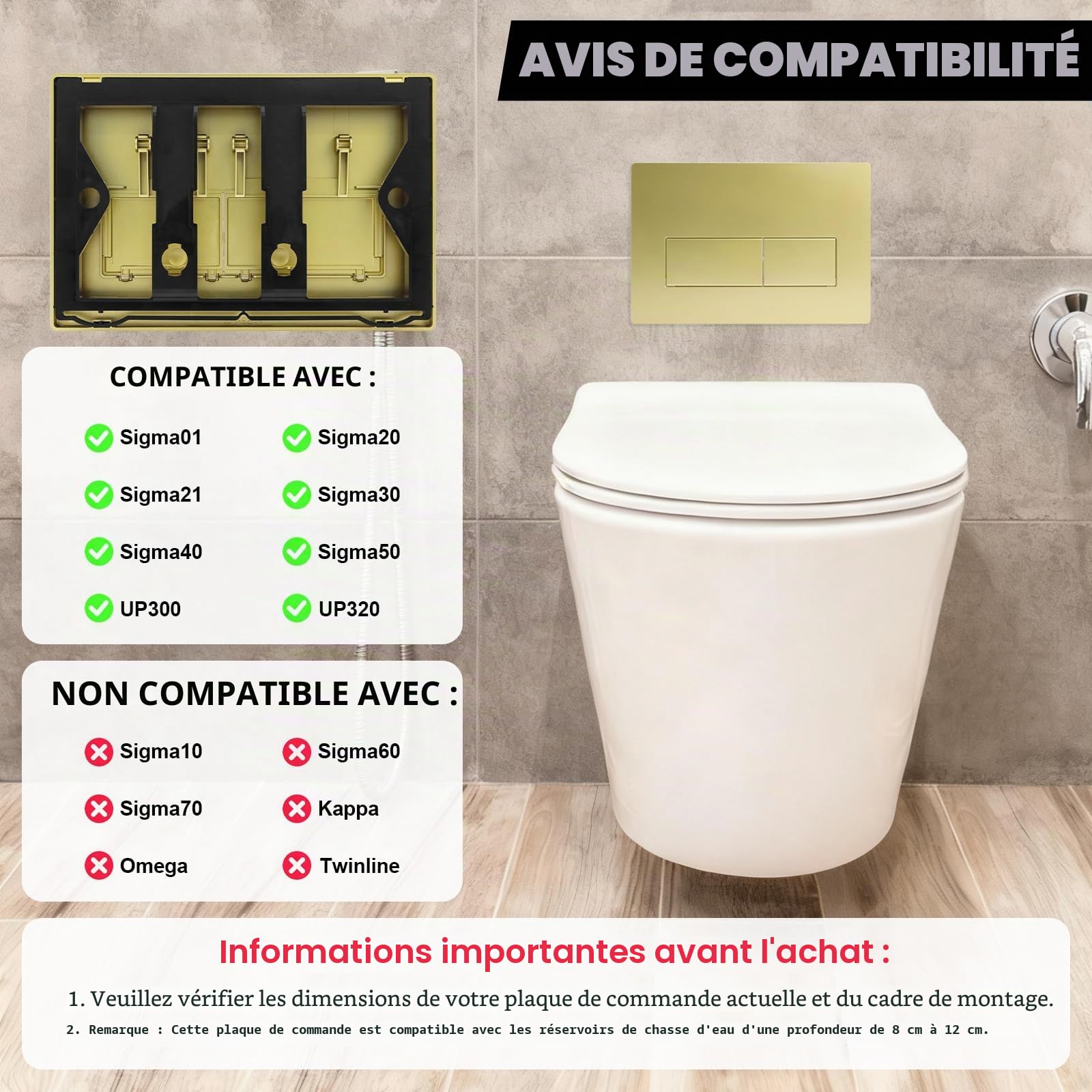 SOARFLY Plaque de commande wc suspendu, plaque de déclenchement wcà double chasse d’eau, compatible avec GEBERIT SIGMA01/20/21/30 UP300/320, 115.770.11.5, dimensions245×164mm, doré