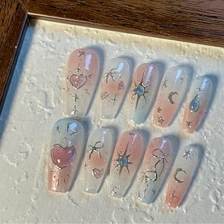 30Pcs Medium Press on Nails Almond Fake Nails with Metal Bow Design Cute Heart Glue on Nails Full Cover Star Moon Acrylic Nails Reusable Gem Stick on Nails Blue Pink False Nails for Women Manicure