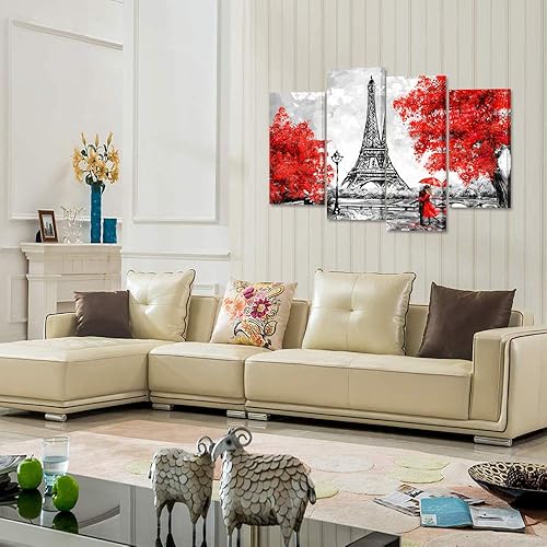 Miniatura 4 de KREATIVE ARTS Lienzo de 4 paneles para pared, diseño de paraguas negro, blanco y rojo, para pareja en la calle, torre Eiffel, pintura al óleo