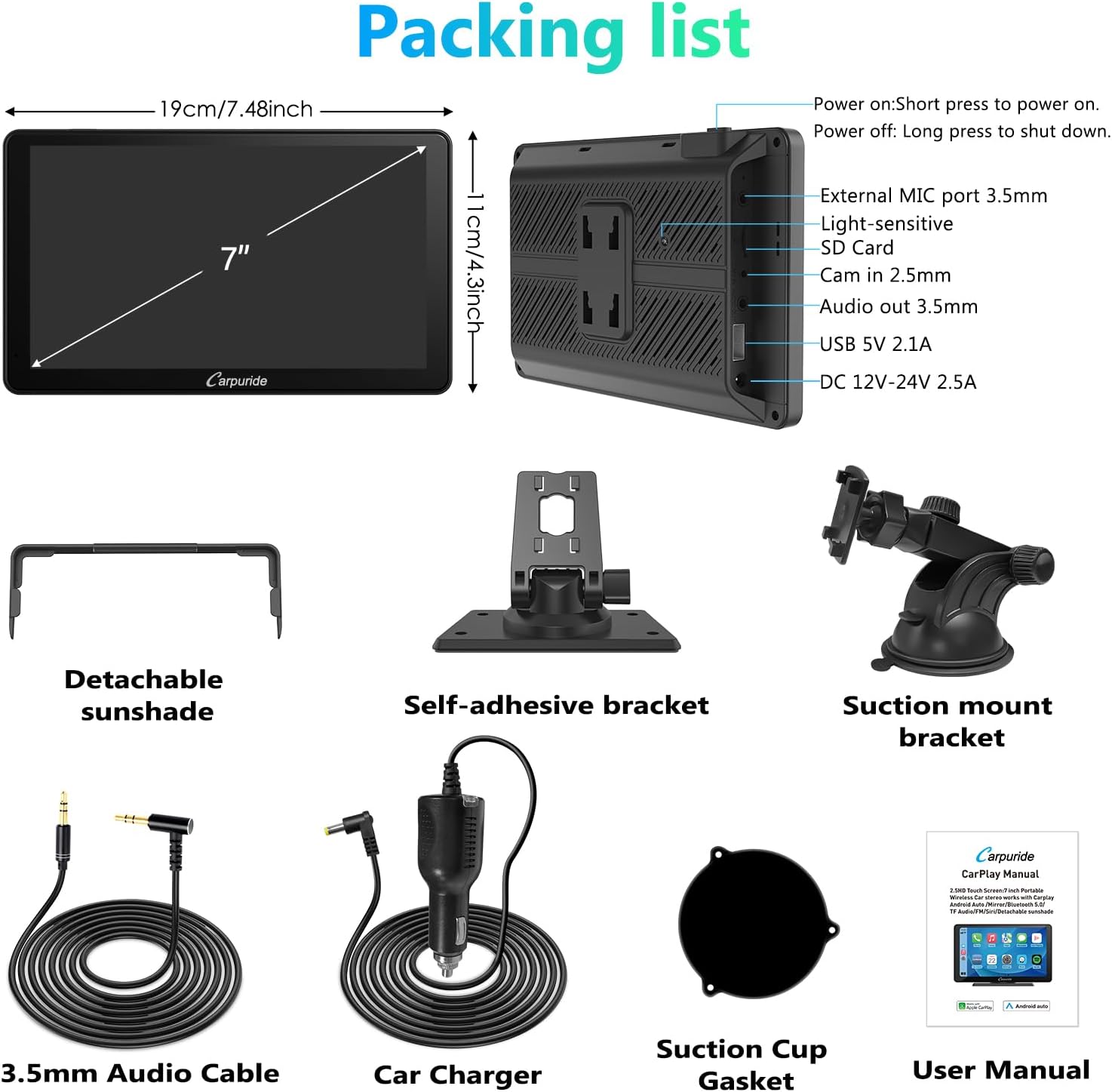 Carpuride Portable Carplay and Android Auto packing list and device dimensions