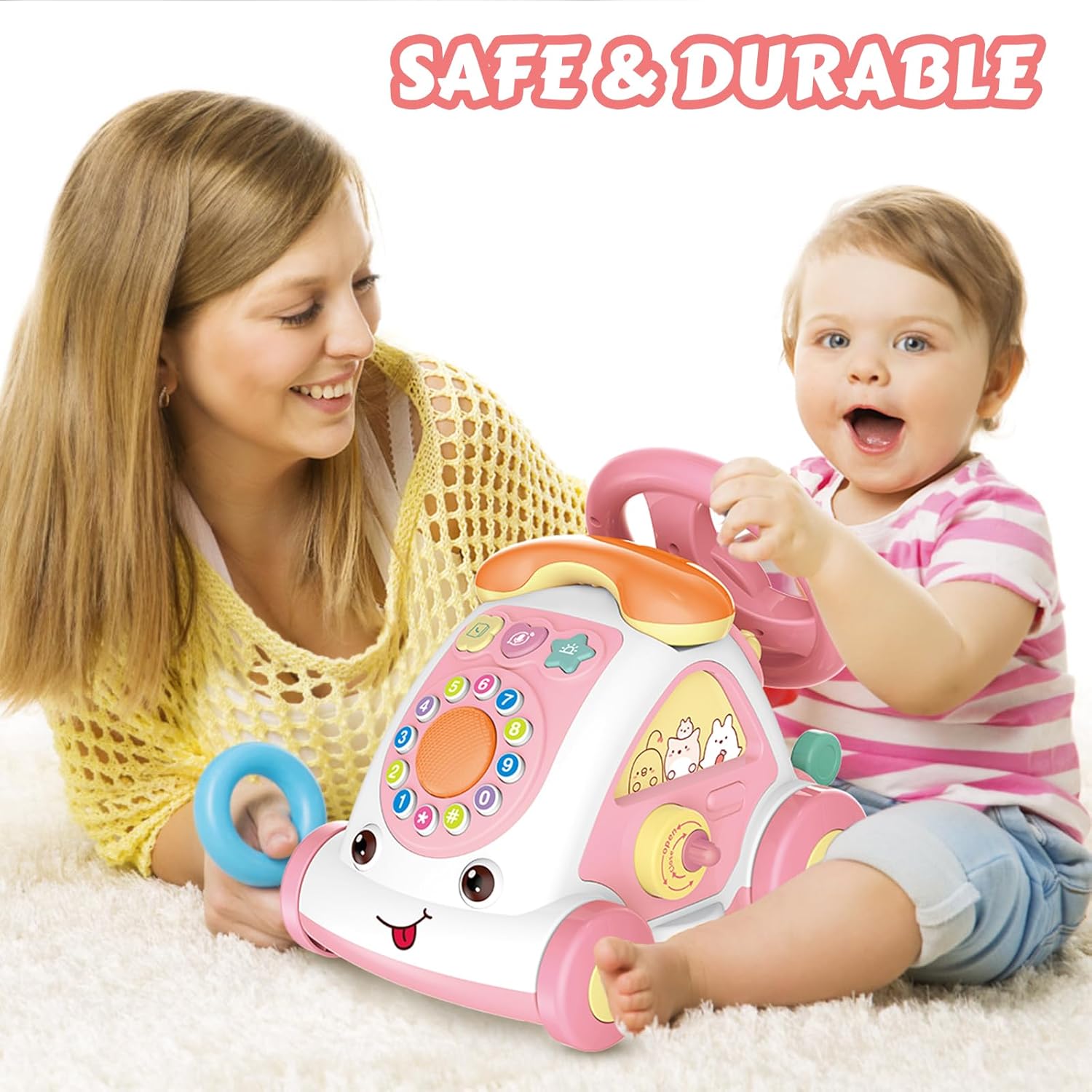 Toddler Toys for 1+ Year Old Girls - Music Toys Age 1-2 Learning Toys with Car/Sound/Music/Steering Wheel/Telephone/Lights Multi-Functional Car Early Educational Birthday Gift for Girl