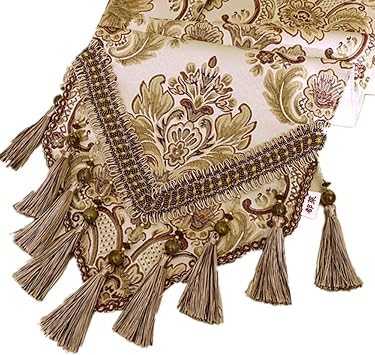 European Jacquard Fabric Multi-Tassels Table Runner (14x36 inch, Khaki)