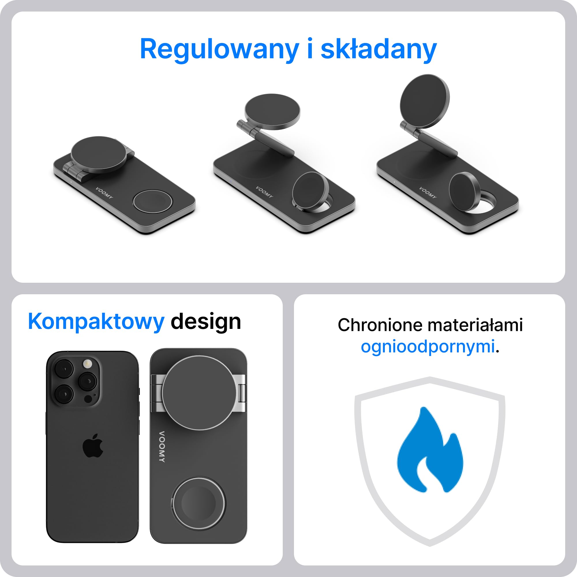 VOOMY Stacja Ładowania Bezprzewodowa 3-w-1 15W – Aluminiowa Ładowarka Składana, Szybkie Ładowanie, Kompatybilna ze Smartfonami, Smartwatchami i Słuchawkami Bezprzewodowymi