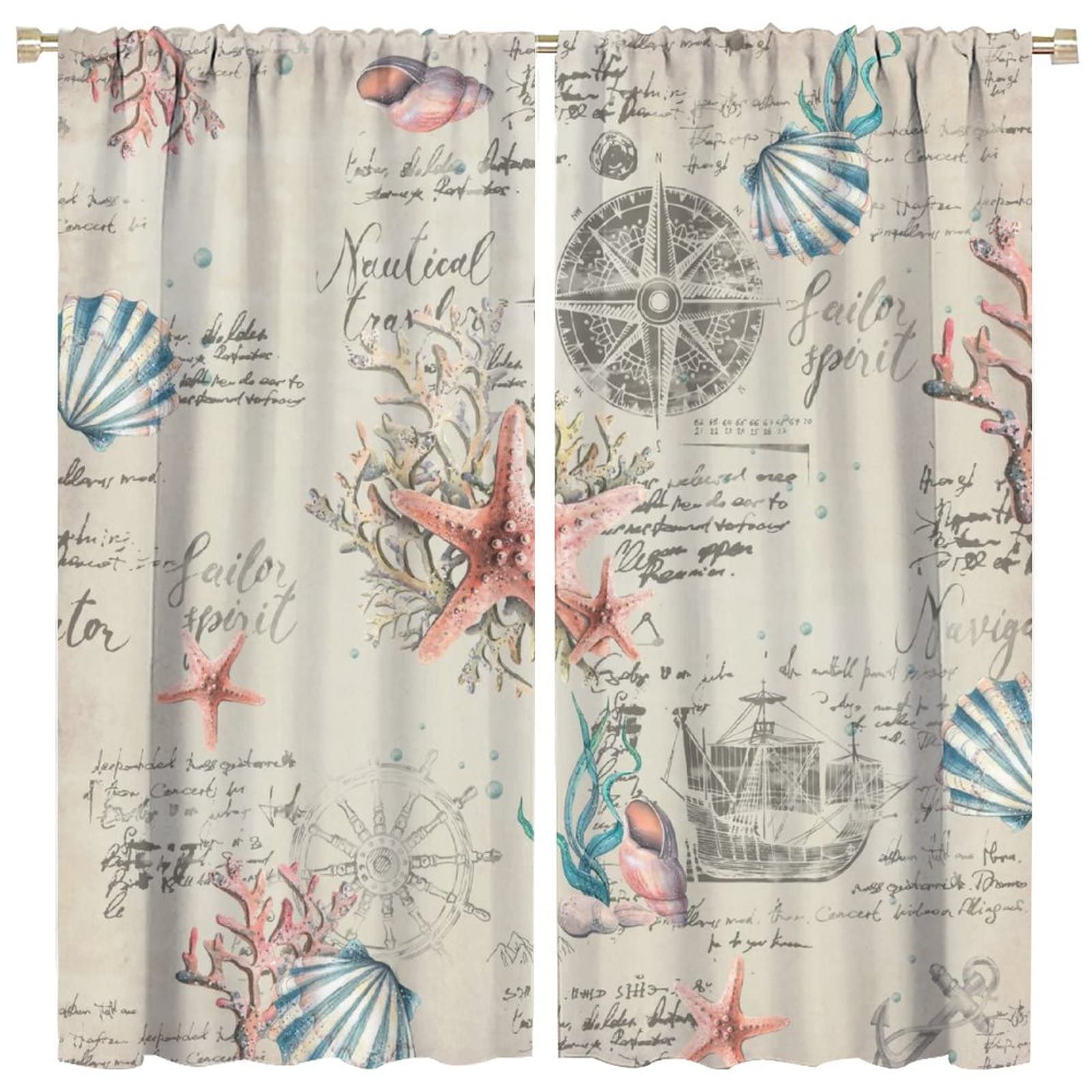 INSFBRB Vintage Nautical Coastal Rod Pocket Blackout Curtains for Living Room,Thermal Insulated Watercolor Beach Nautical Theme Starfish Seashell