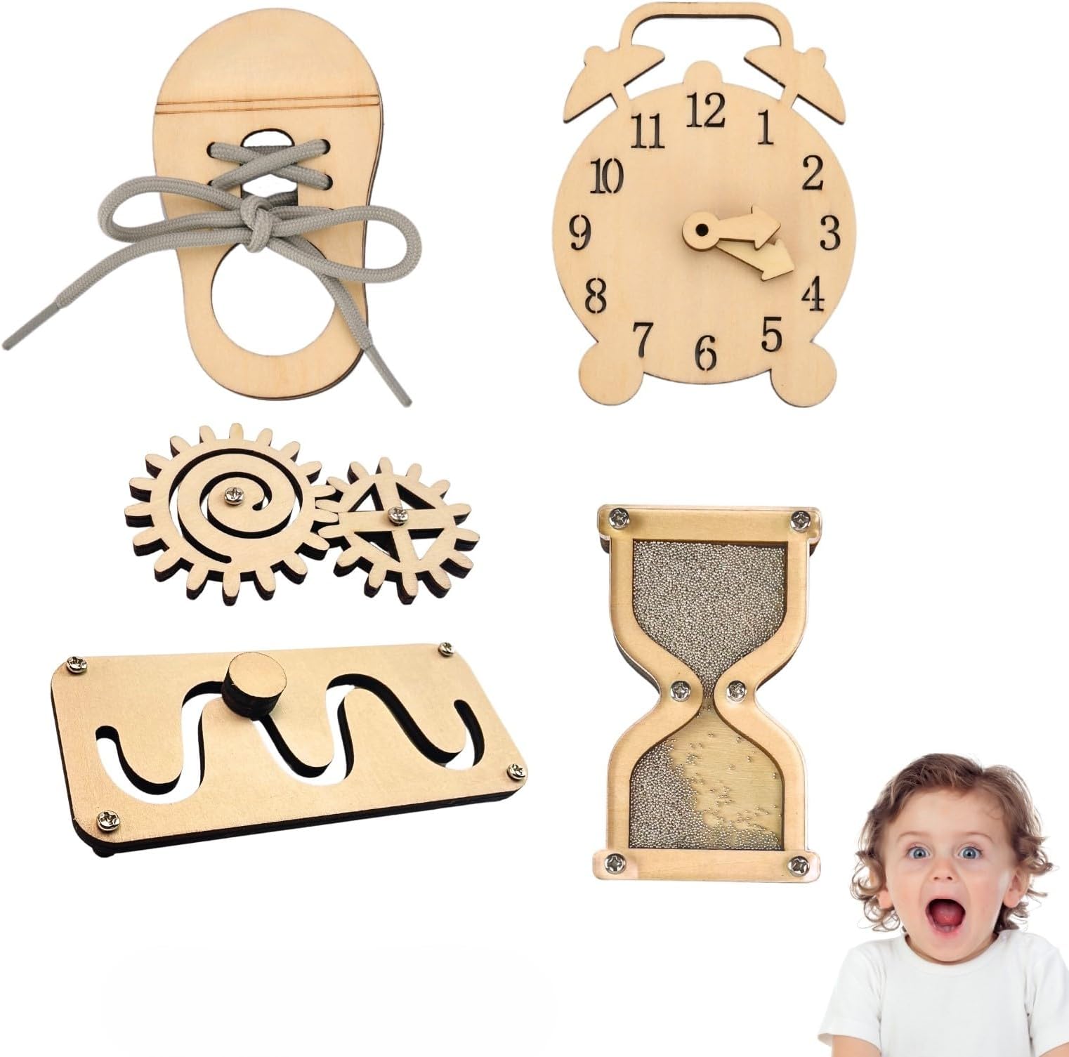 5 pieces Busy Board Diy Parts - DIY Materials for Parents - Sensory Board Accessories -Wooden Activity Parts -Maze-Learning Clock- Gear-Sand Clock-Learn to Tie Shoe Laces- Montessori Educational Items