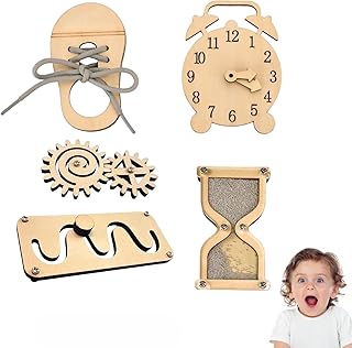 5 pieces Busy Board Diy Parts - DIY Materials for Parents - Sensory Board Accessories -Wooden Activity Parts -Maze-Learning Clock- Gear-Sand Clock-Learn to Tie Shoe Laces- Montessori Educational Items