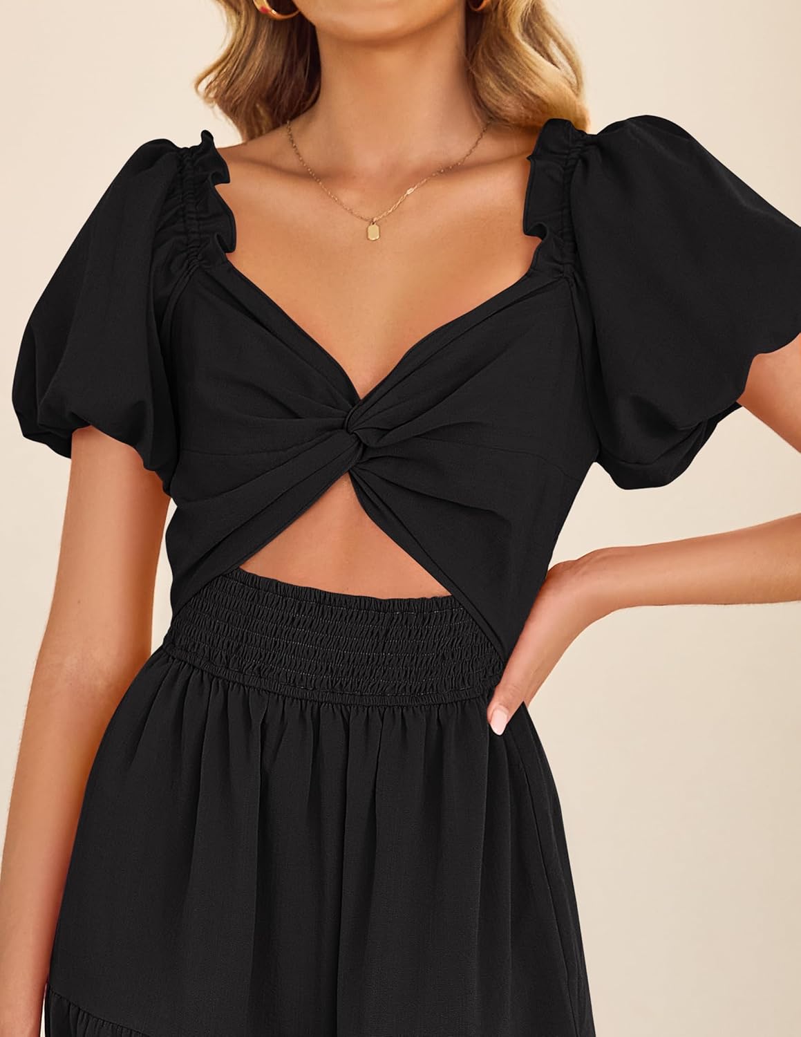 ZESICA Womens Summer Casual Flowy Vacation Maxi Dress 2026 Short Puff Sleeve A Line Smocked Cutout Beach Party Dresses - Image 4