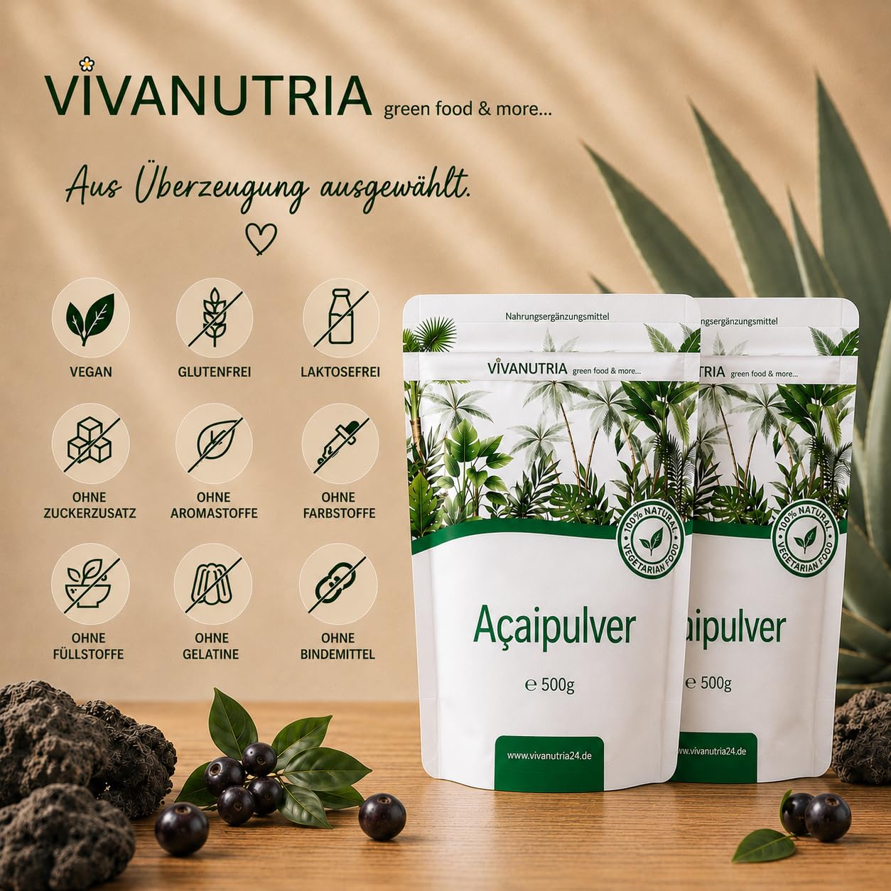 VivaNutria Acai Pulver 1000g I Acai-Beeren-Pulver für Bowls und als Müsli-Topping I Smoothie Pulver 1kg I Rohkostqualität ohne Zusätze I Antioxidantien I vegan