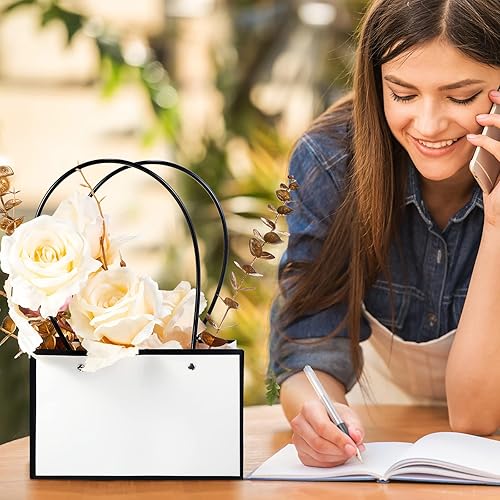 Miniatura 5 de Teling 12 bolsas de regalo de flores de papel de estraza para ramo de San Valentín, bolsas de papel con asa, impermeables, vacías para flores,