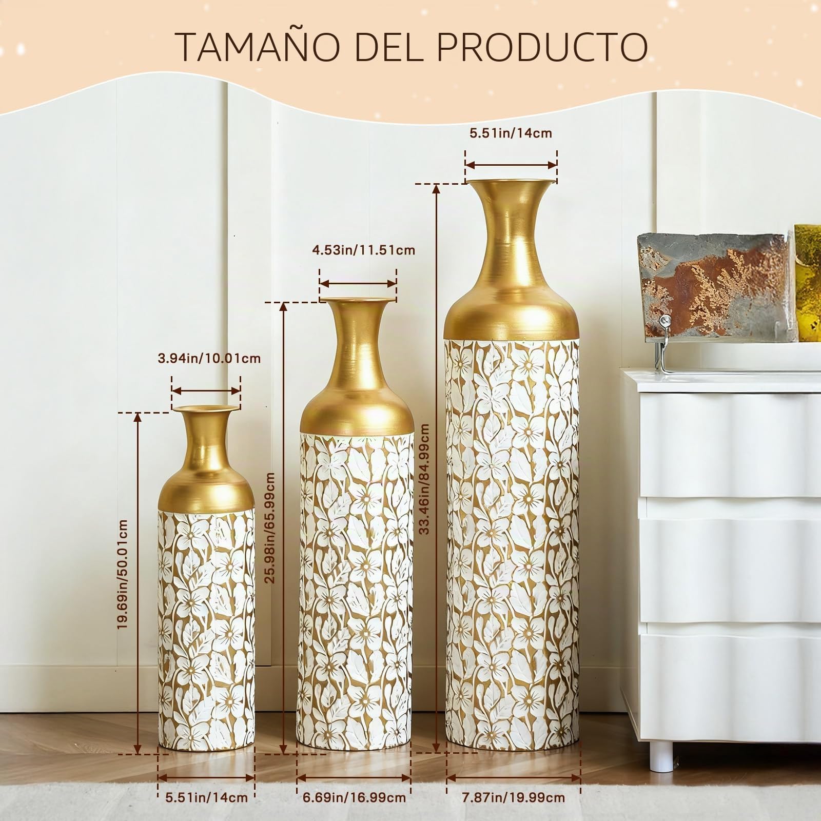 Juego de 3 jarrones de suelo de metal decorativos altos de 83/65/50 cm para hierba de Pampas, flores secas y decoración moderna de salón, pasillo y dormitorio, jarrones grandes con diseño atemporal