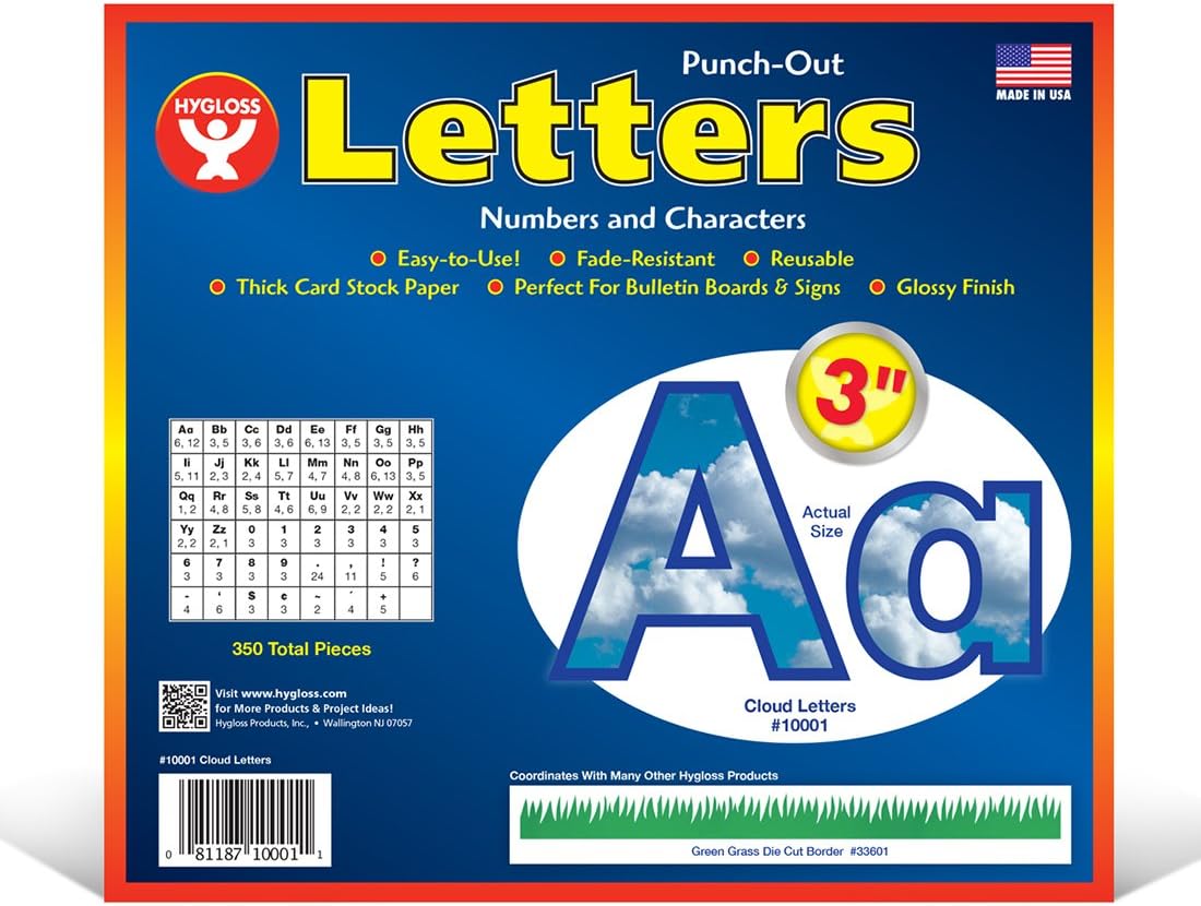 Hygloss Products Bulletin Board Letters and Numbers – Punch Out Cloud Design Combo – 3 Inch, 350 Pieces