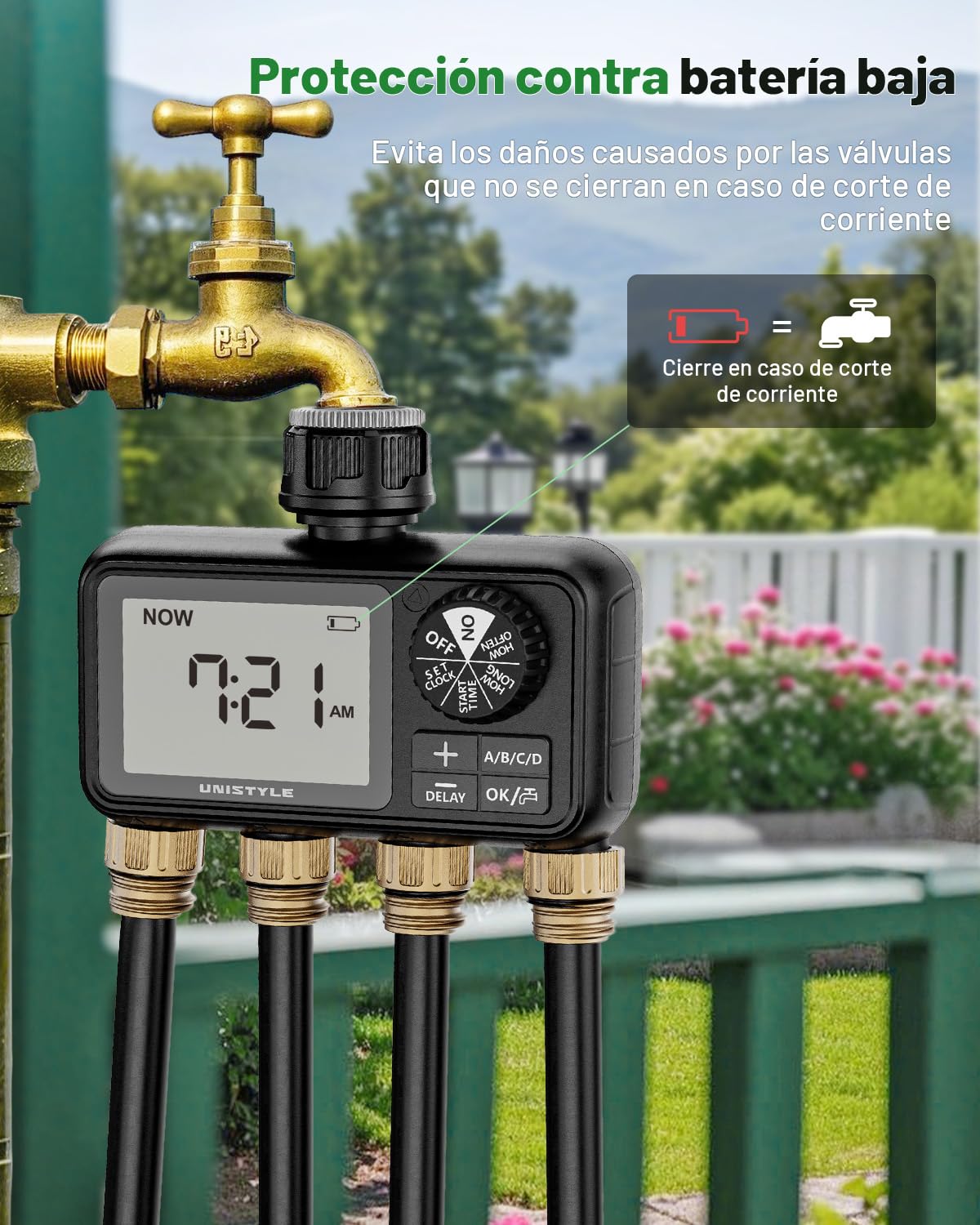 Unistyle Ordenador de riego de 4 salidas, reloj de riego automático, aspersor de césped, control de riego, sistema de riego para riego de jardín, temporizador de agua, riego de jardín