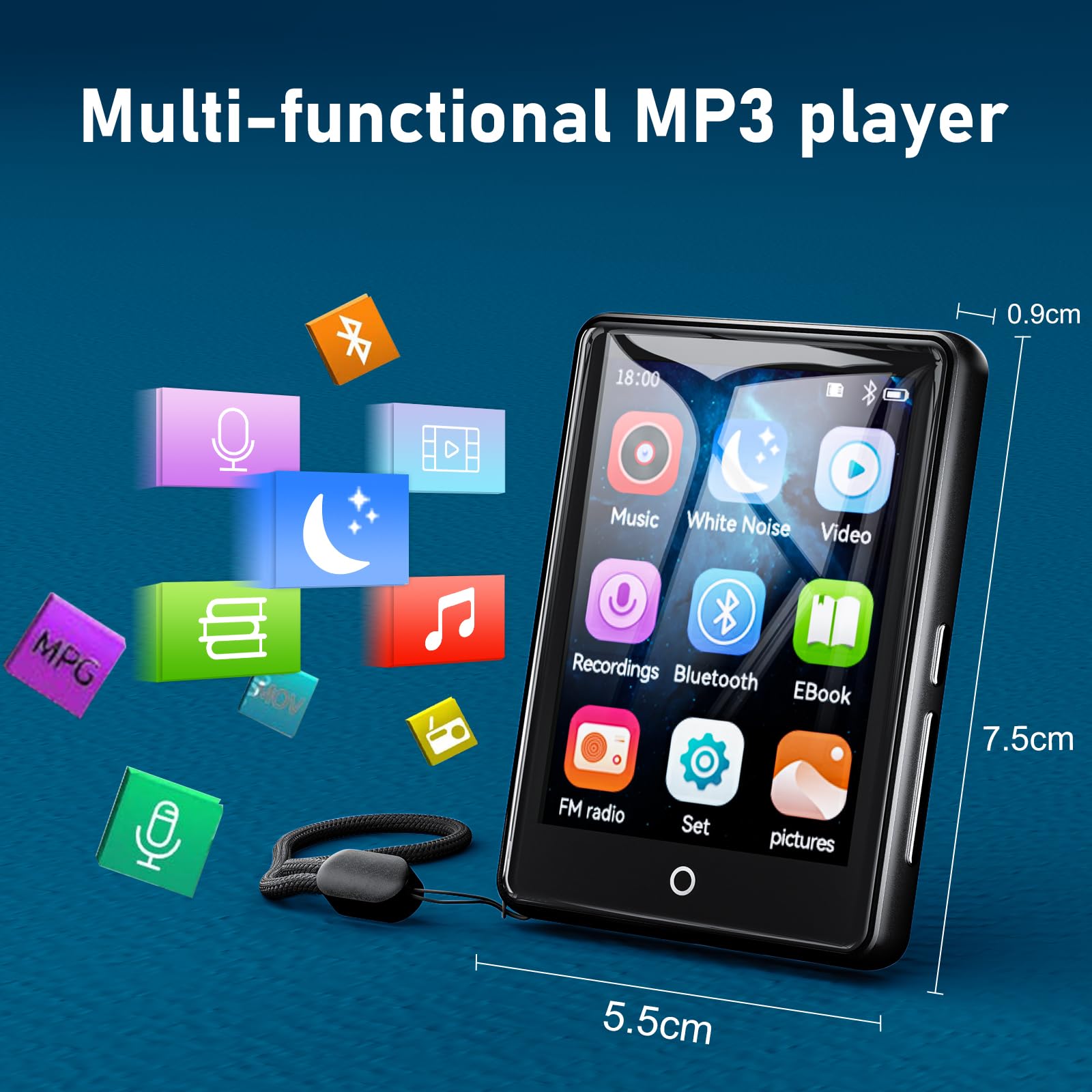64GB MP3 Player Bluetooth 5.3, 2,8 Zoll Touchscreen, Zinkgehäuse, HiFi-Klang & Lautsprecher, 48h Akkulaufzeit, Weißes Rauschen (18 Klänge), inkl. Kopfhörer & Tasche,Schwarz