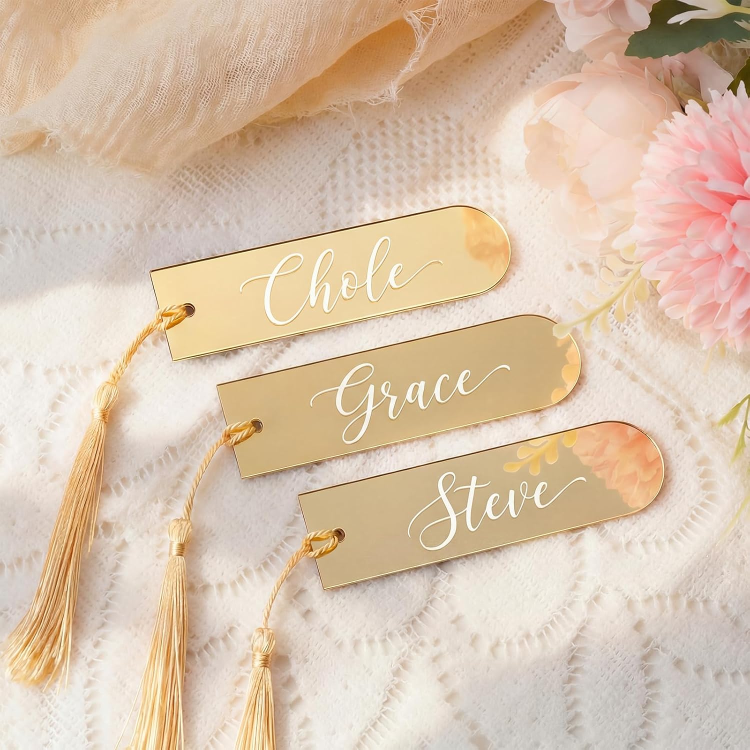Novabright 48 Pcs Mirror Acrylic Place Cards with Tassels, Name Place Cards for Table Seting, 3.6 x 1 Acrylic DIY Blank Gift Tags for Wedding Table Decoration, Birthday, Party, Event(Gold)