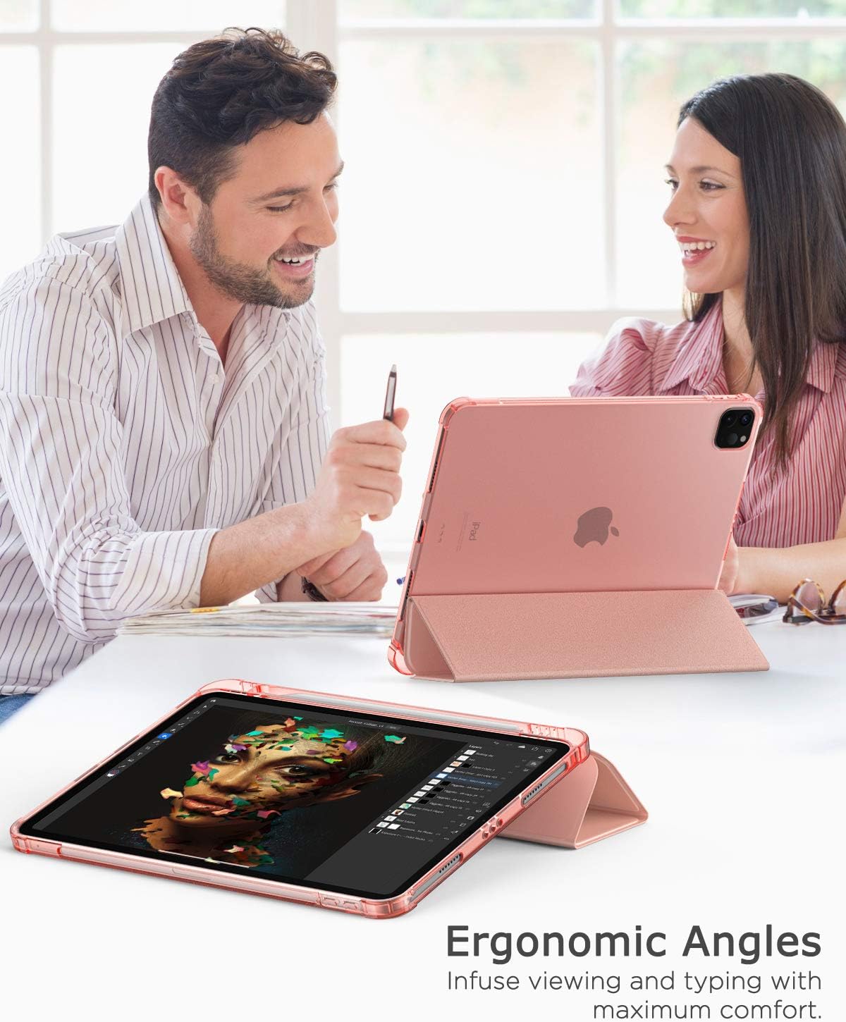 MoKo Case Fit New iPad Pro 12.9 6th Generation 2022/5th Gen 2021 - Smart Trifold Shell Cover with Pencil Holder, Soft TPU Translucent Back Case for iPad Pro 12.9-inch, Auto Wake/Sleep, Rose Gold