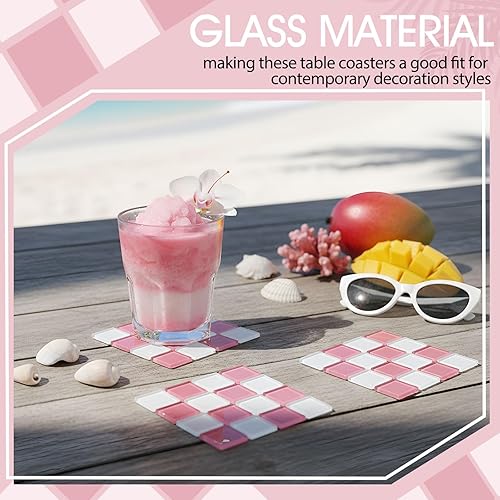 Miniatura 4 de Queekay Juego de 6 posavasos a cuadros rosa y blanco para bebida, 4 pulgadas, cuadrado de vidrio, para mesa, bar, decoración del hogar, idea de