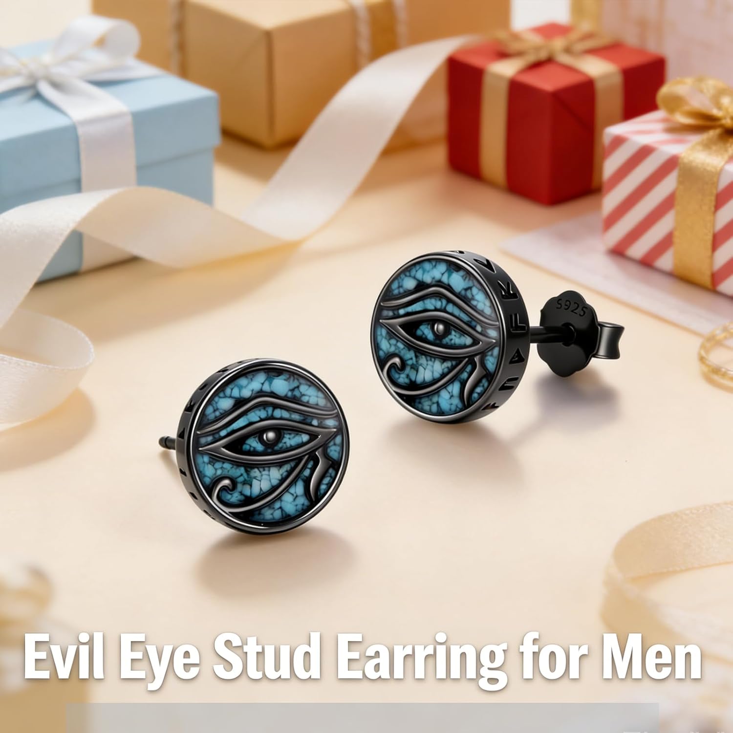 Turquoise Black Stud Earrings For Men 925 Sterling Silver Men's Stud Earrings Viking Jewelry Father's Day Birthday Gifts for Brother Dad Son Husband