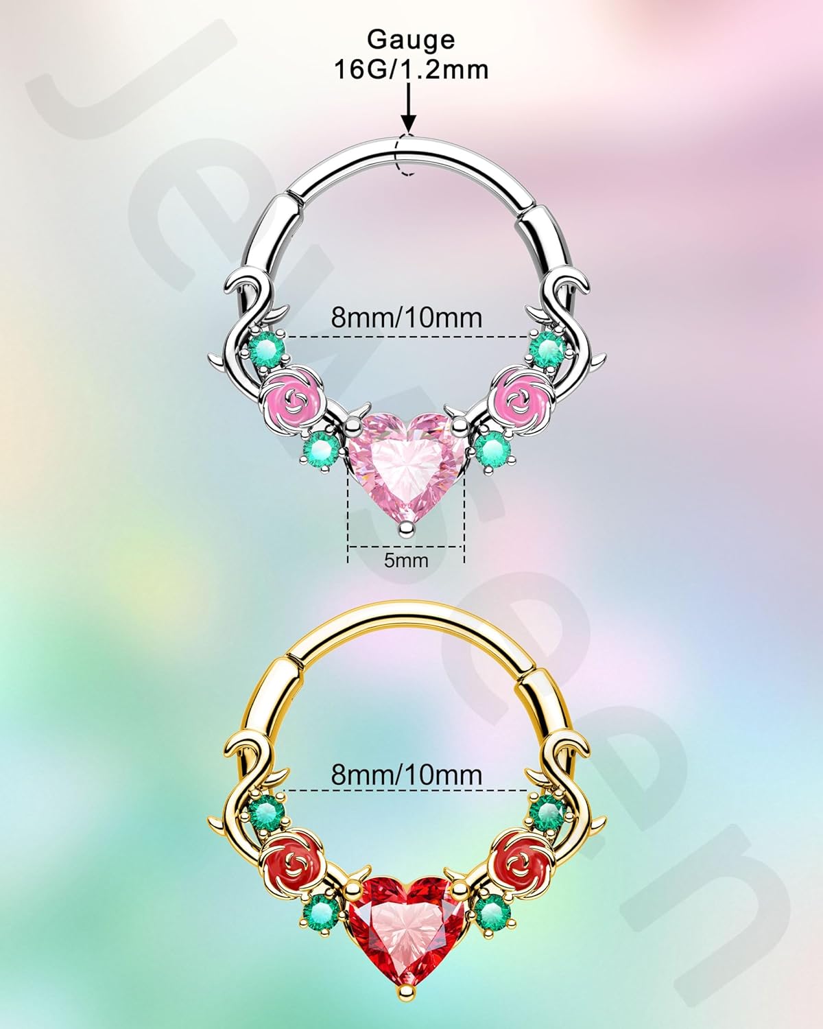 Jewseen Rose Septum Rings 16G Hinged Segment Rings 316L Stainless Steel Daith Earrings Heart CZ Septum Daith Cartilage Piercing Jewelry for Women - Image 7
