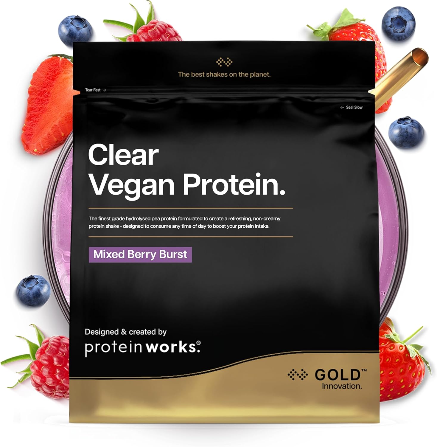Protein Works | Clear Vegan Protein – GOLD Innovation, Hydrolysed Pea Protein, Refreshing High Protein Drink, Low Sugar, Zero Fat, Mixed Berry Burst, 18 Servings, 270g