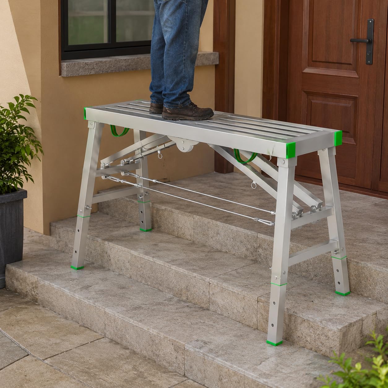 Plataforma de trabajo plegable resistente, capacidad de 400 kg, taburete de escalera ajustable de 2 pies y banco de trabajo portátil