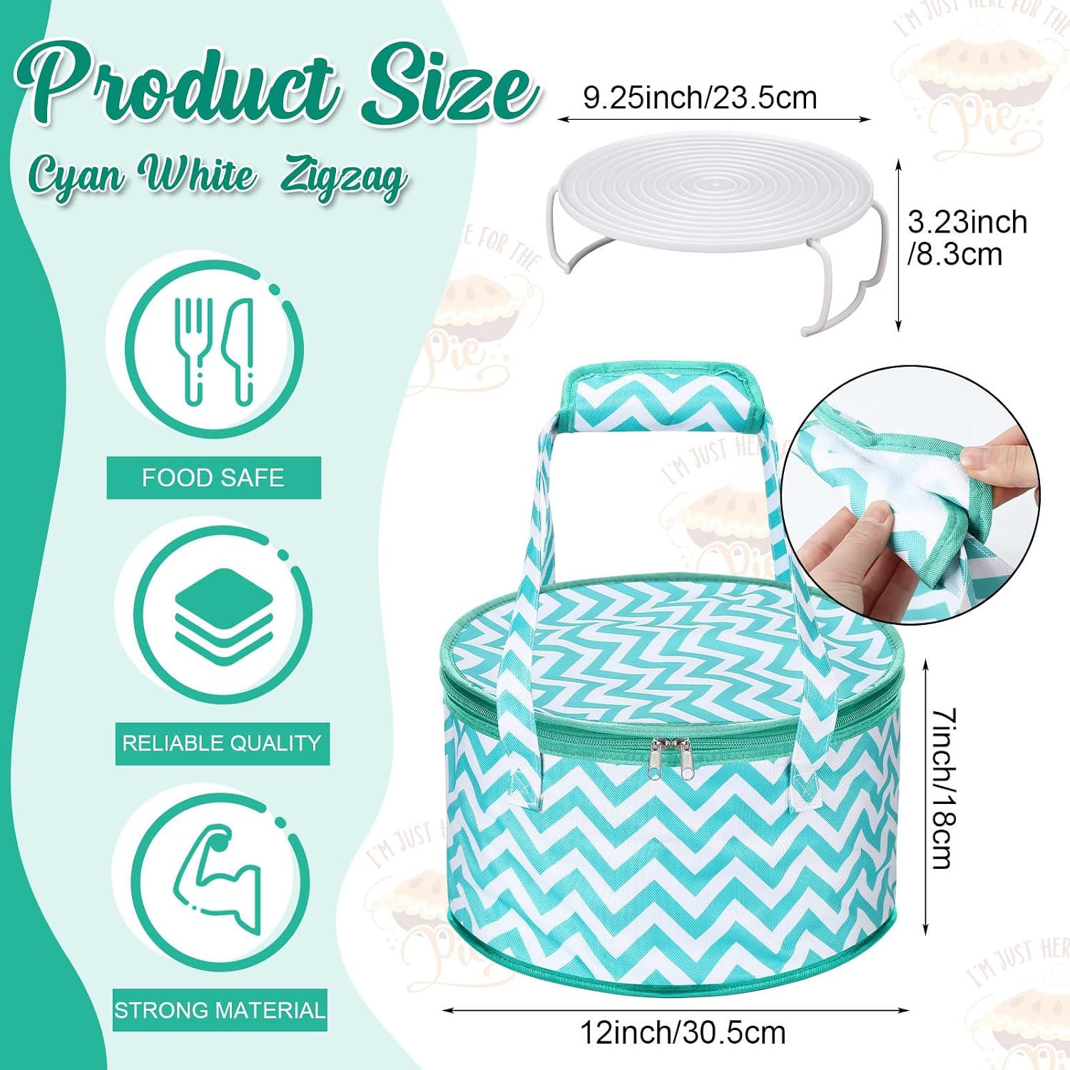 Pickmesh Round Pie Carrier 12x7 Inch Insulated Lid,Cyan White Zigzag image 2