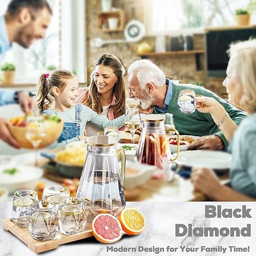 Miniatura 2 de DUJUST Jarra de cristal de diamante negro con 4 tazas, 1 bandeja, jarra de agua de diseño elegante con asa, decoración para habitación, jarra de