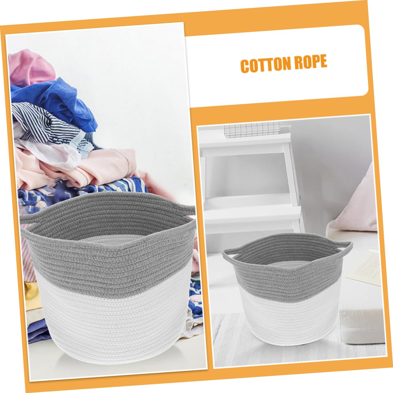 Cesta de Almacenamiento Tejida de Cuerda de Algodón, 2 Unidades | Redonda Asas, Color Beige, para Guardería y Escritorio, Diseño Suave y Versátil