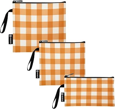 Orange Gingham Reusable Sandwich Snack Bags, Zipper Food Safe Lunch Bags Washable for Kids Students Adults 3 Pack S/M/L