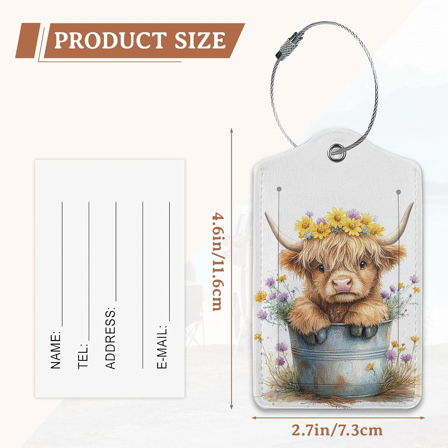 Cute Highland Cattle 2 Pack Luggage Tag for Suitcase, Flowers Cute Unique Leather Bag Tags Identifiers Privacy Cover ID Label with Durable Steel Loop for Women Men Kids Girls Travel image 2
