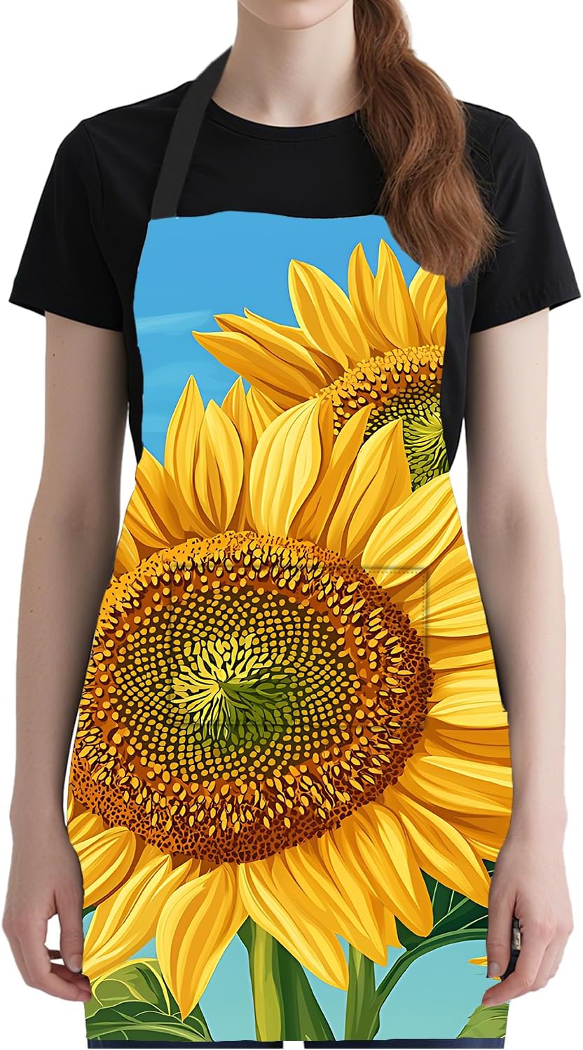 ANNA QUEEN Funny Cat Apron for Women Men with Pockets Spring Sunflower Apron Adjustable Kitchen Chef Cooking Apron