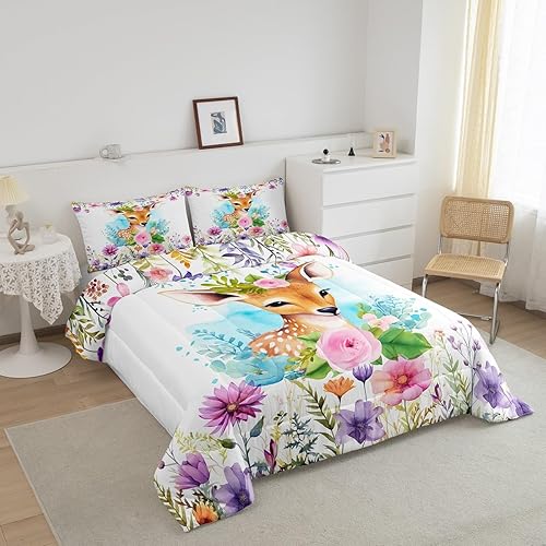 Miniatura 3 de Lindo juego de edredón de ciervos para niñas, rosas rosadas, juegos de ropa de cama y colecciones con temática de animales, edredón de flores