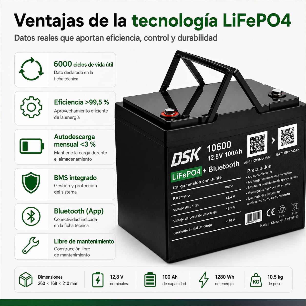 DSK Batería LiFePO4 12V 100Ah con Bluetooth, BMS, pantalla LCD, protección baja temperatura, batería litio 1280 Wh para autocaravana, energía solar, camper, barco, SAI y energía renovable premium