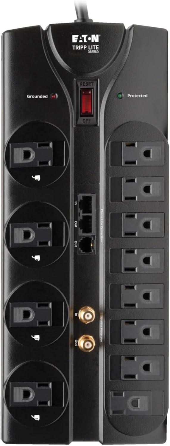 Eaton Tripp Lite TLP1208SAT Home Theater Surge Protector Power Strip, 12 Outlets, Flat Plug 8ft Extension Cord, 2880 Joules Coax, RJ11 and RJ45 Port for Phone, TV, WiFi Router, & Ethernet Protection