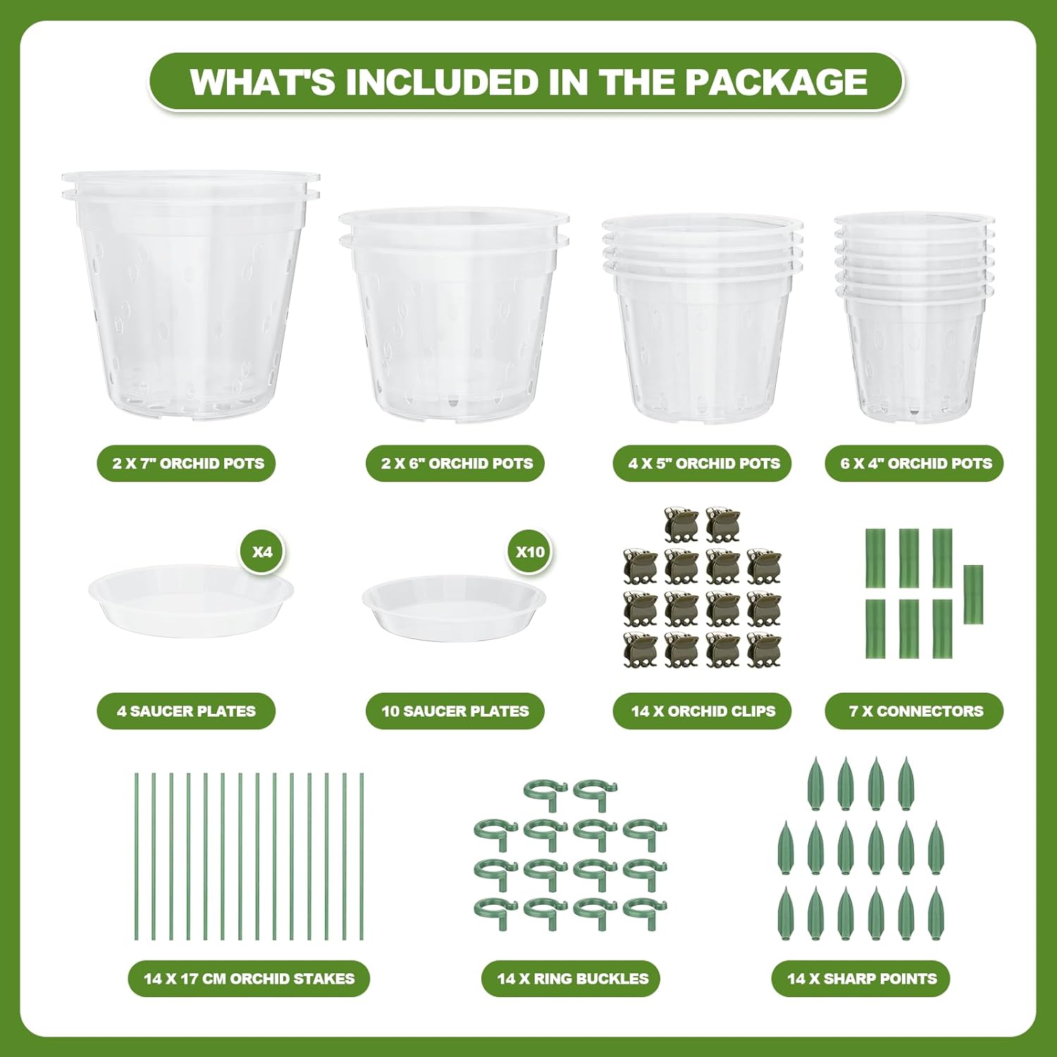14 Pack Clear Orchid Pots with Holes, 4, 5, 6, 7 Inch Plastic Orchid Pot with Drainage for Repotting, Includes Saucers and Plant Stakes, Large Small Breathable Plant Pots for Indoor Outdoor Use