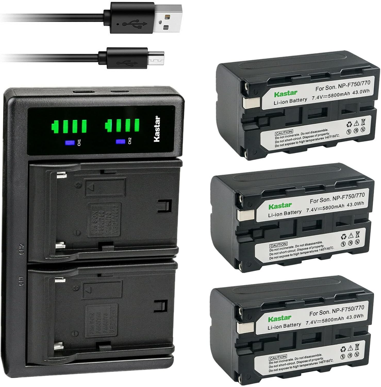 Kastar NP-F770 Battery 3-Pack and LTD2 USB Charger Compatible with Sound Devices MixPre-3, Sound Devices MixPre-6, Sound Devices MixPre-10T, Sound Devices 663, FEELWORLD F5 Pro 5.5