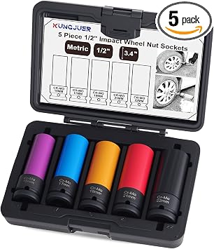 5PCS 1/2" Drive Impact Nut Socket Set, Metric 15 17 19 21 22mm