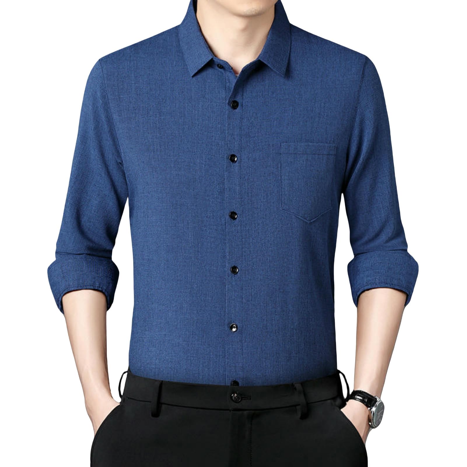 Hombres Primavera Otoño Algodón Lino Casual Edad Media Negocios Camisa de Manga Larga Color Sólido