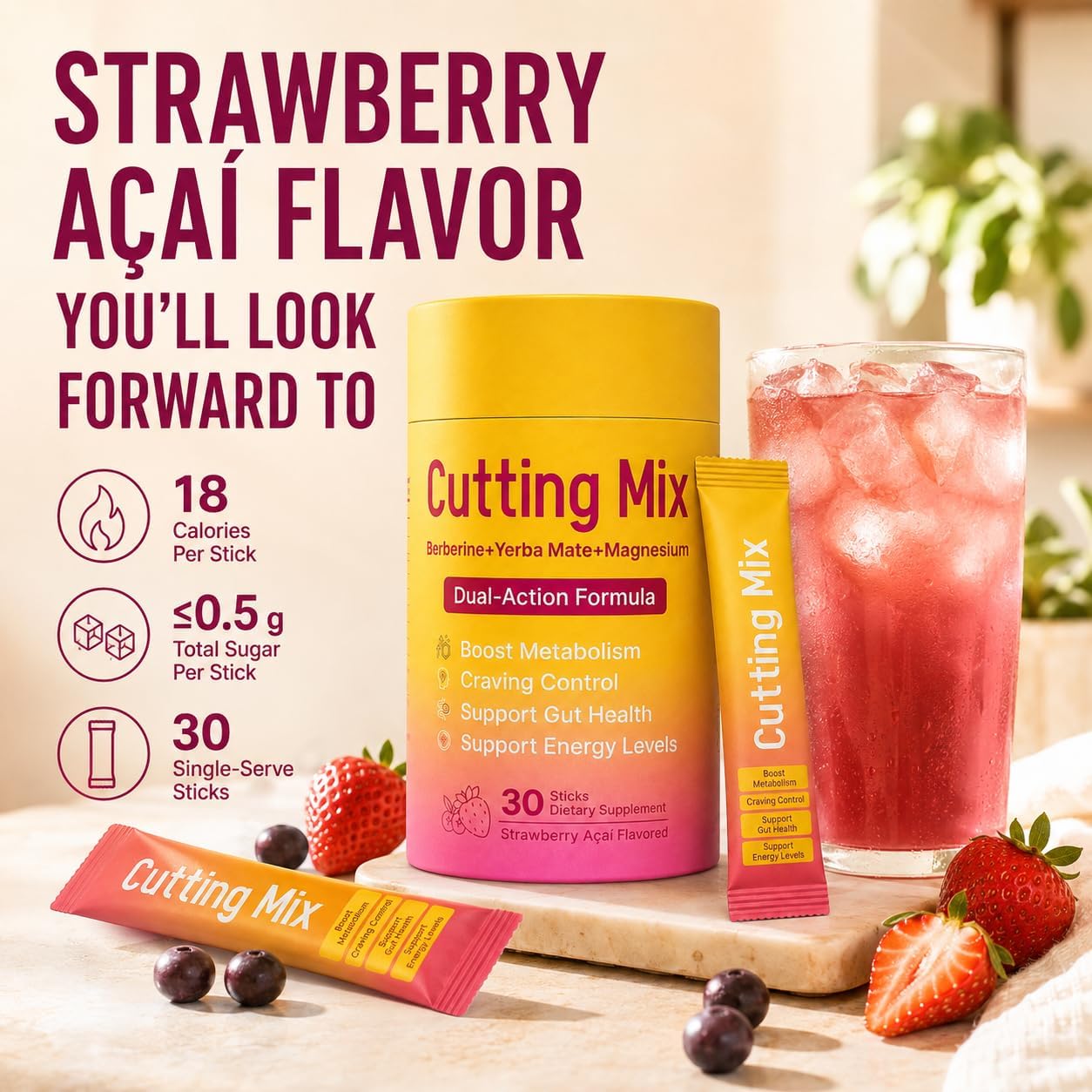 Cutting Mix Drink, Berberine HCl 300mg + Yerba Mate 300mg with Prebiotic FOS, 5-HTP & Chromium, Metabolism, Digestive Wellness & Energy Support, Strawberry Açaí, 30 Sticks image 4