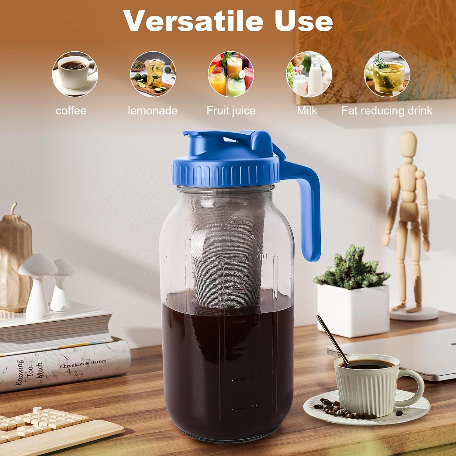 Cold Brew zaparzacz do kawy, 1,8 l, Cold Brew Coffee Maker, pokrywka z uchwytem i filtrem ze stali nierdzewnej, zaparzacz do kawy i herbaty na zimno (niebieski)