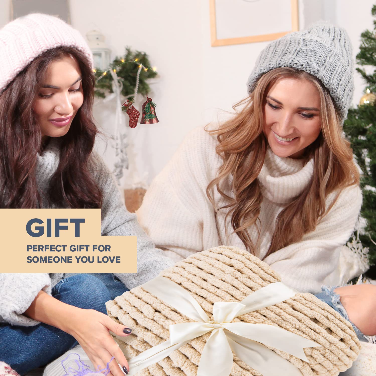 Chunky Knit Blanket Throw - 50"x60" 3.7 lbs. - Soft Chenille Yarn Knitted Blanket - Machine Washable Crochet Blanket - Handmade Cable Knit Throw Blanket for Couch, Bed (Oat White)