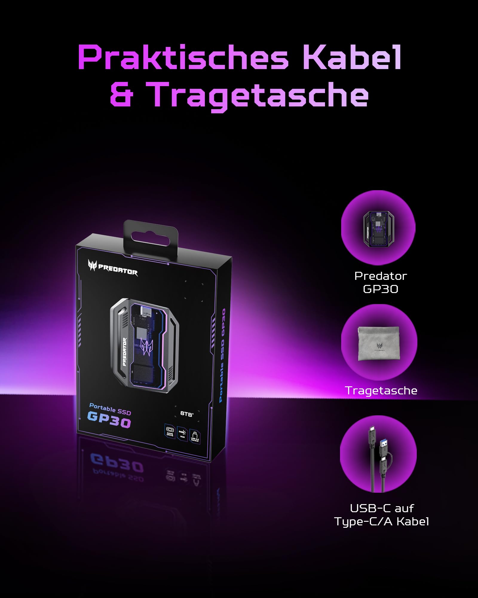 acer Predator GP30 Externe SSD RGB 1TB USB 3.2 Gen2x2 - bis zu 2000 MB/s Lesen Portable External Solid State Drives für Smartphone, Tablets, PC & PS5