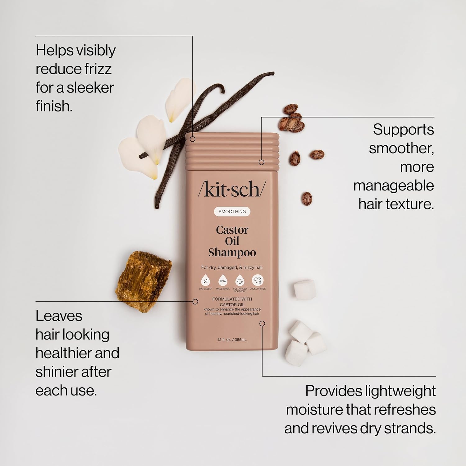 Kitsch Smoothing Castor Oil Liquid Shampoo – Nourishing Hair Shampoo for Men and Women – Smooths Dry, Damaged & Frizzy Hair – Clean, Bio-Based, Color-Safe Hair Care, Made in USA – 12 oz - Image 2