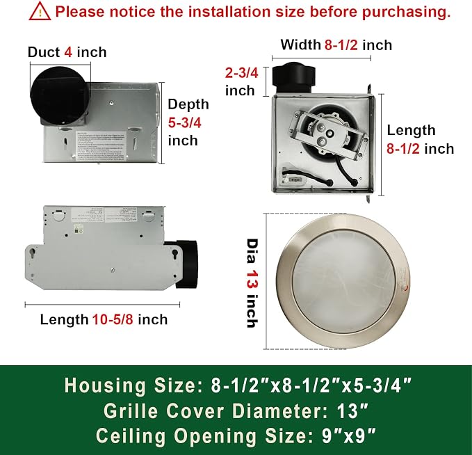 Extractor para baño ultra silencioso Akicon con luz LED, 80 CFM, 2.0 sones, diseño redondo con cubierta de vidrio esmerilado y acabado níquel cepillado miniatura 3
