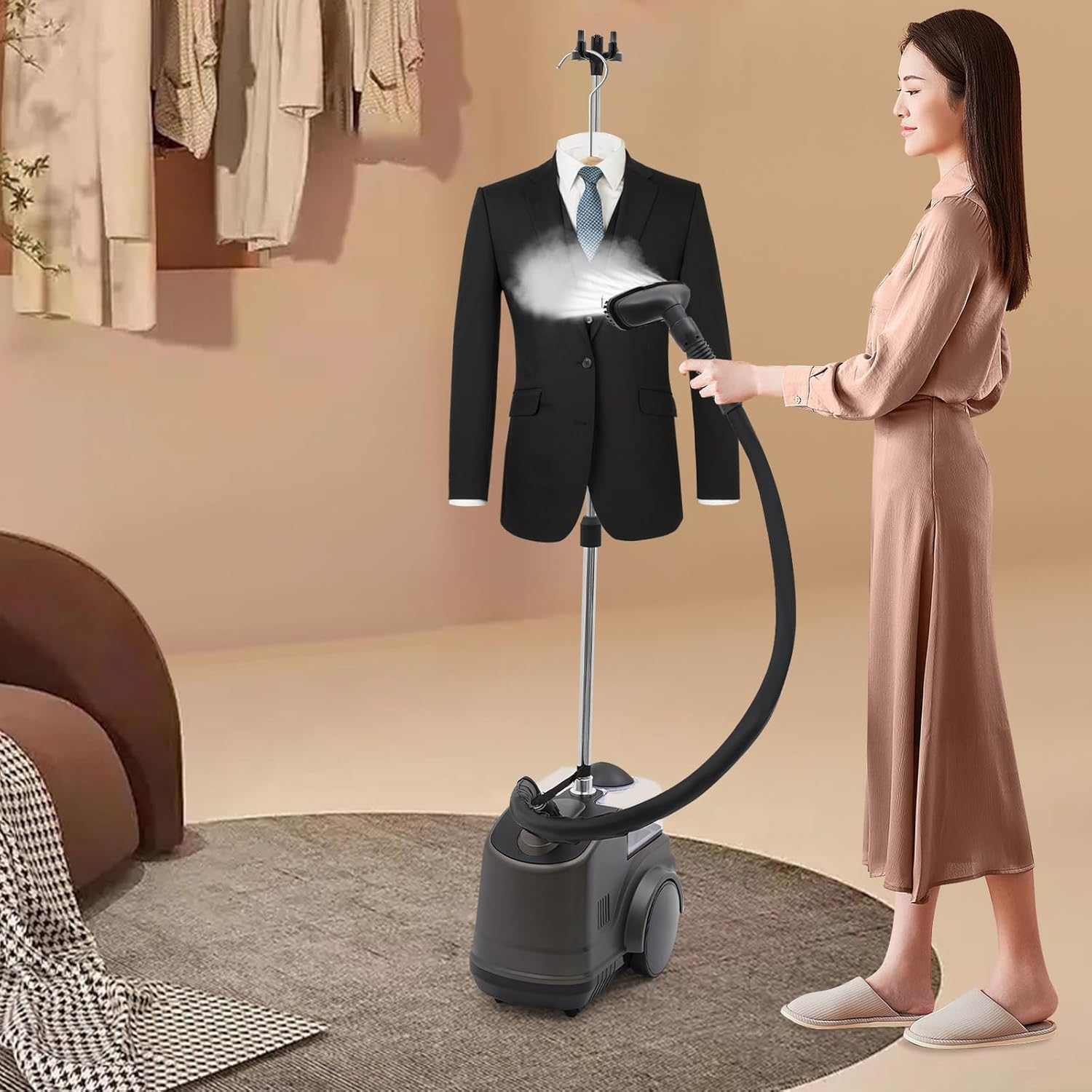 Professional Steamer Iron for Clothes, 1500W Powerful Standing Garment Steamer, Clothes Steamer with 3L Large Water Tank and Roll Wheels, 45s Fast Heat-up, 90 Mins Continuous Steaming