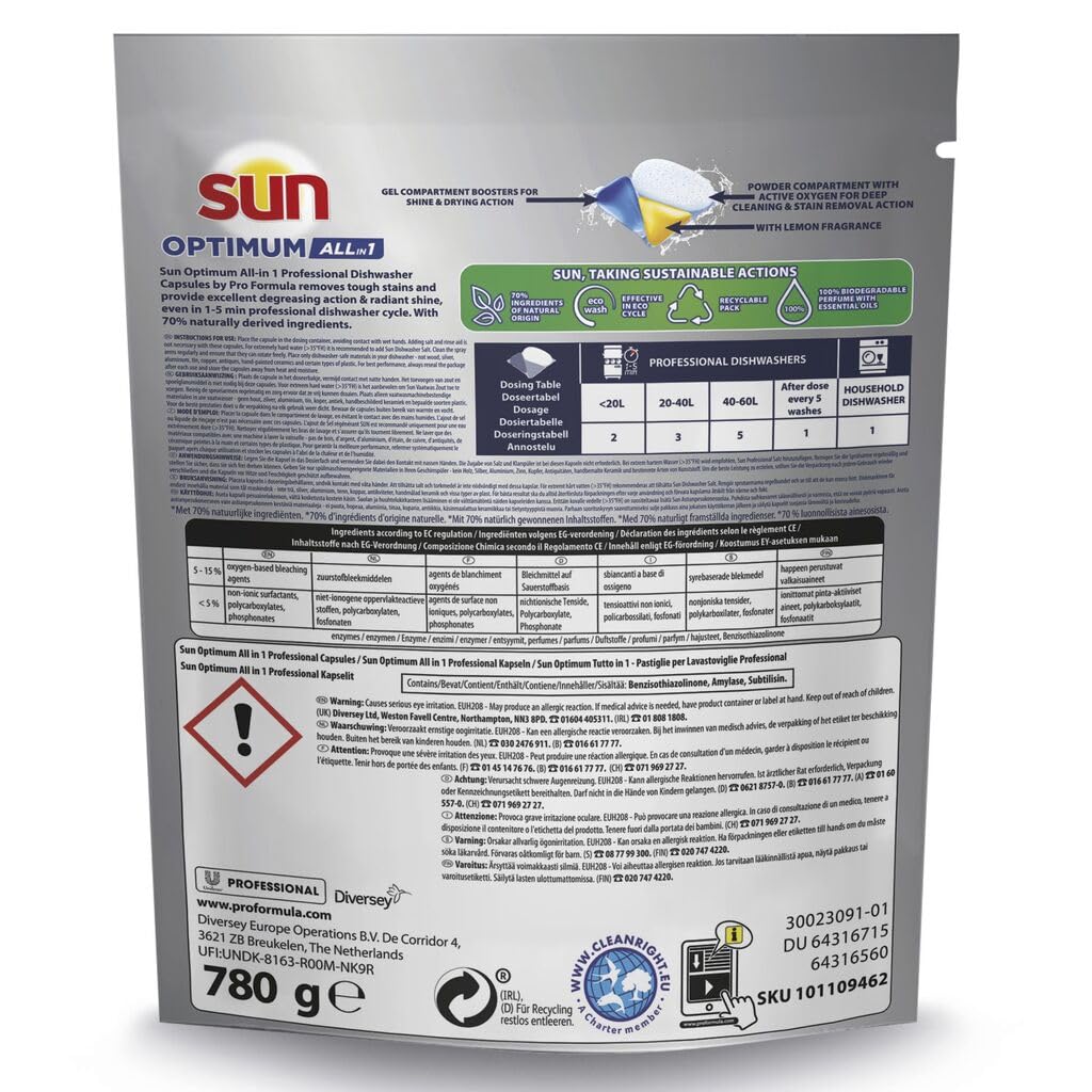 Sun Professional Optimum All in 1 - Spülmaschinenkapseln All in 1, mit Klarspüler und Salz, geeignet für Haushalts- und Gewerbegeschirrspüler - 4 x 52 Stk.