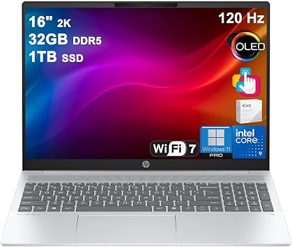 HP OmniBook 7 AI Laptop 16" 2K 2048 x 1280 OLED Touch 120 Hz, HDR 500 nits Intel Core 9 270H 32GB DDR5 1TB SSD for Creator Designer Business Professional IR Camera Win11 ICP Acc