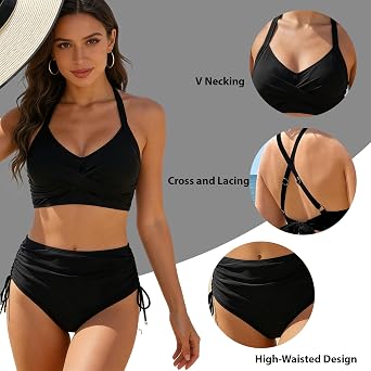 Women High Waisted Ruched Bikini Set Two Piece Bathing Suit Tummy Control