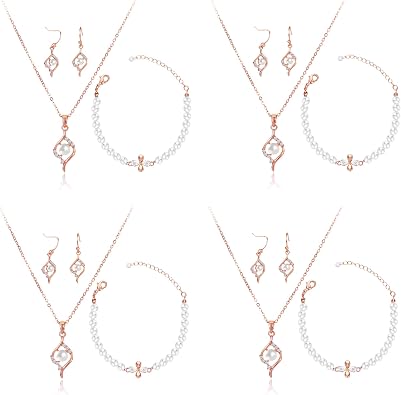 Bridesmaid Jewelry Set Gift for Wedding Party, Rhinestone Pearl Necklace Earring Crystal Pearl Bracelet Set in Gold/Rose Gold/Silver Plated