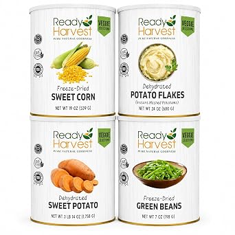 Ready Harvest Vegetable Variety Pack 4 Full #10 Cans of Sweet Corn, Potato Flakes, Sweet Potato & Green Beans Freeze-Dried & Dehydrated Vegetables Emergency Food Storage Long-Term Pantry Supply Up to 30-Year Shelf Life