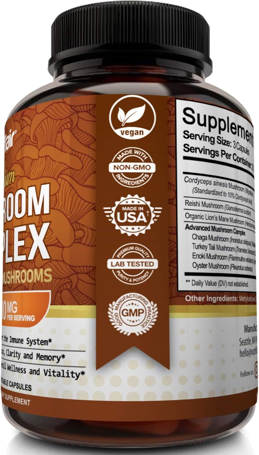 NutriFlair Mushroom Supplement 2600mg - 90 Capsules - 10 Mushrooms - Reishi, Lions Mane, Cordyceps, Chaga, Turkey Tail, Maitake, Shiitake Nootropic Complex - Brain, Energy, Focus : Health & Household
